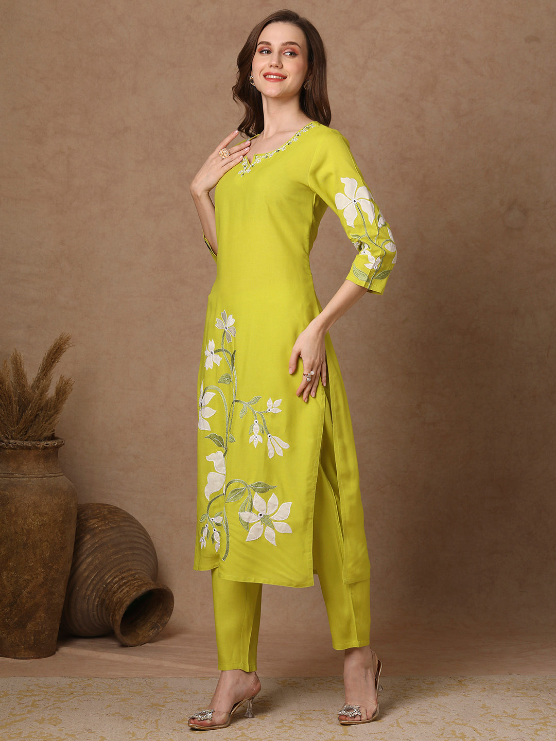 Solid Floral Patchwork Embroidered Straight Fit Co-ord Set - Lime Green