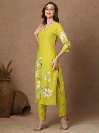 Solid Floral Patchwork Embroidered Straight Fit Co-ord Set - Lime Green