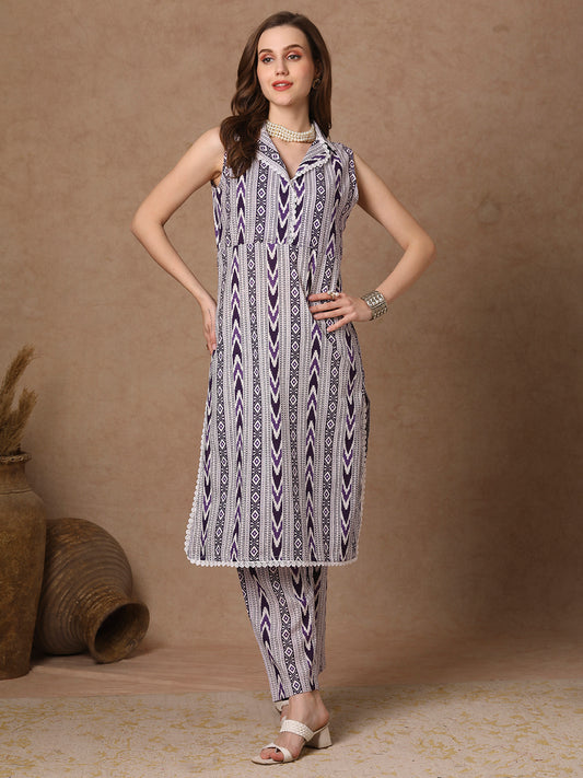 Ethnic Stripes Printed Straight Fit Co-ord Set - Purple