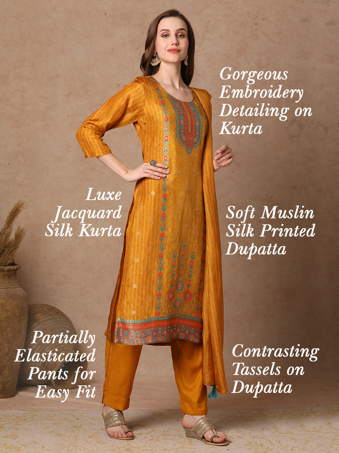 Ethnic Woven & Embroidered Straight Kurta with Pant & Dupatta - Mustard