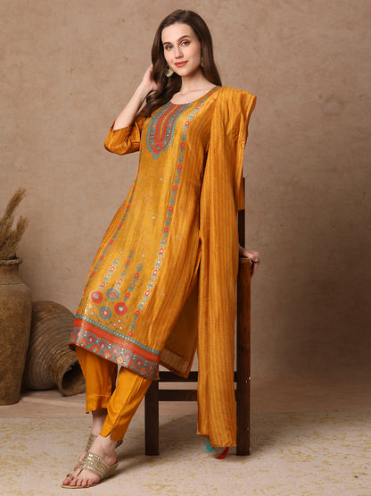 Ethnic Woven & Embroidered Straight Kurta with Pant & Dupatta - Mustard