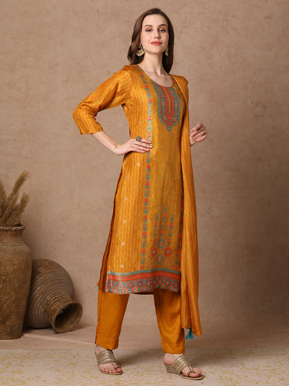 Ethnic Woven & Embroidered Straight Kurta with Pant & Dupatta - Mustard