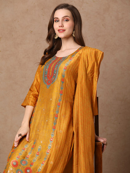 Ethnic Woven & Embroidered Straight Kurta with Pant & Dupatta - Mustard