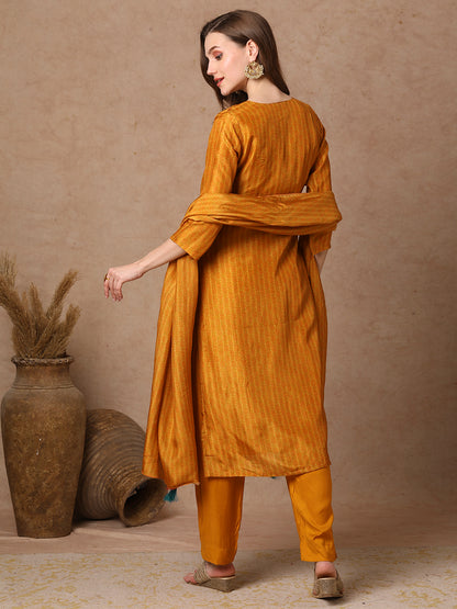 Ethnic Woven & Embroidered Straight Kurta with Pant & Dupatta - Mustard