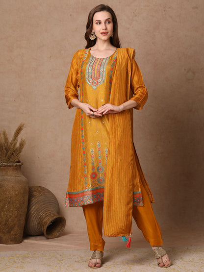 Ethnic Woven & Embroidered Straight Kurta with Pant & Dupatta - Mustard