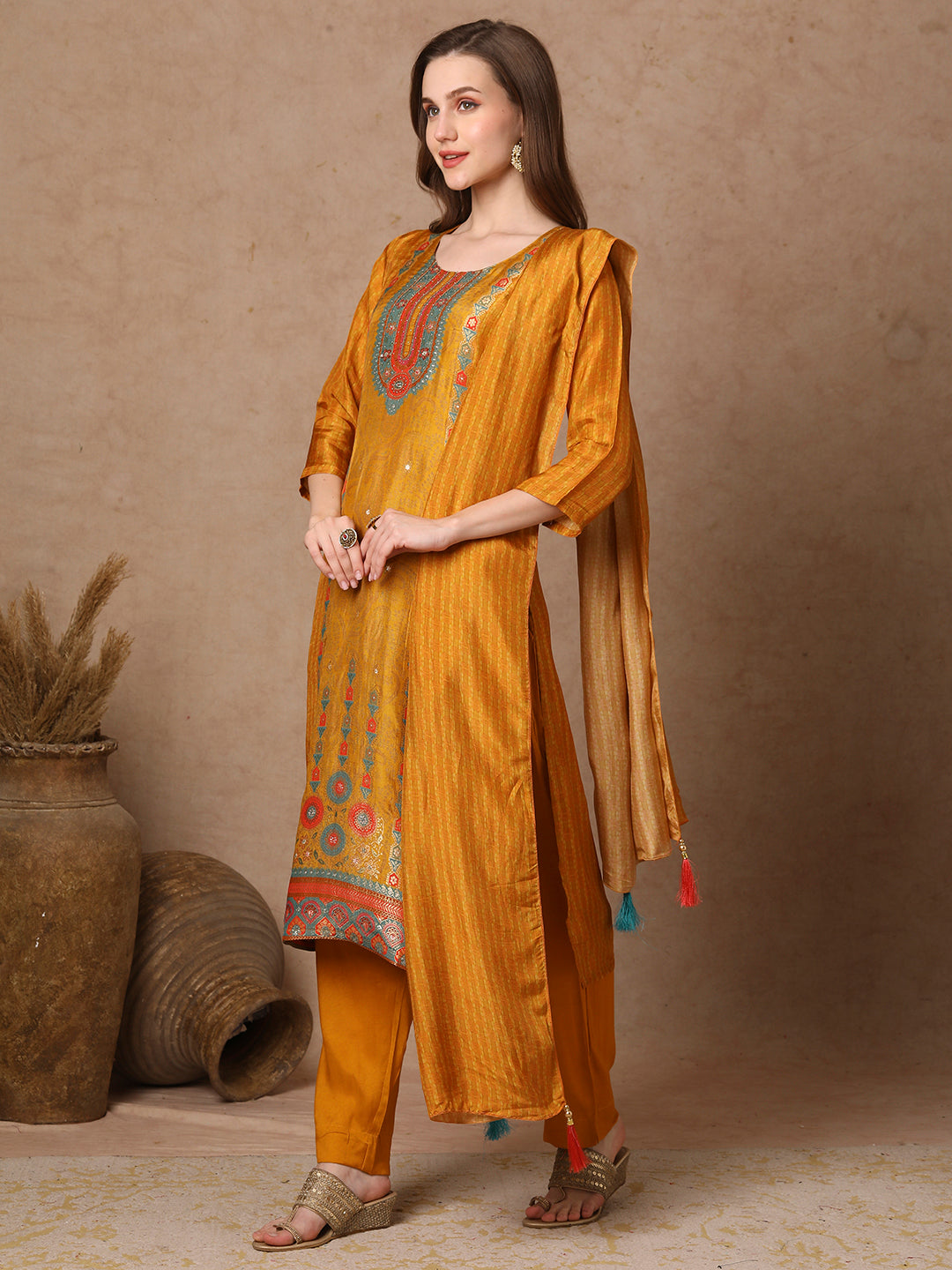 Ethnic Woven & Embroidered Straight Kurta with Pant & Dupatta - Mustard