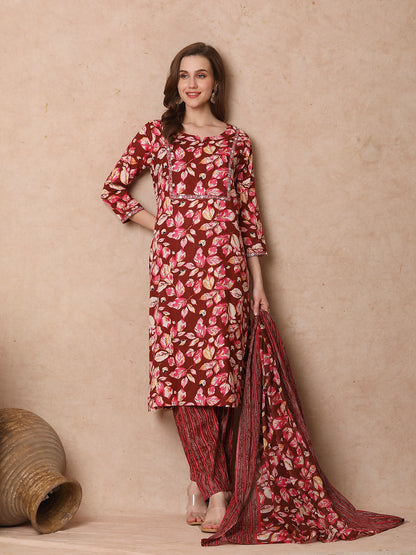 Ethnic Floral Printed Straight Fit Kurta with Pant & Dupatta - Brown