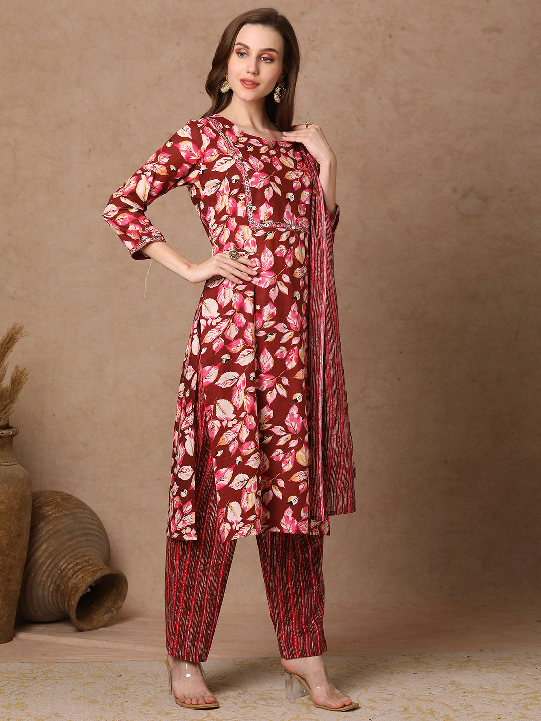 Ethnic Floral Printed Straight Fit Kurta with Pant & Dupatta - Brown