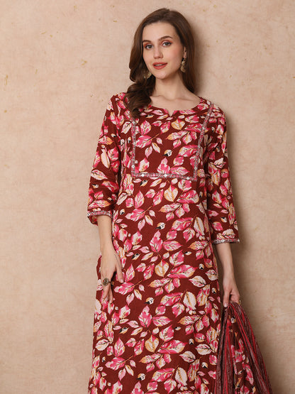 Ethnic Floral Printed Straight Fit Kurta with Pant & Dupatta - Brown