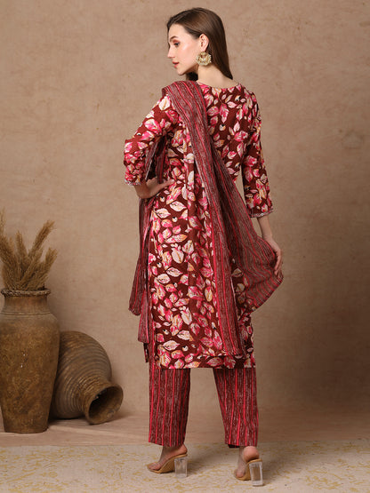 Ethnic Floral Printed Straight Fit Kurta with Pant & Dupatta - Brown