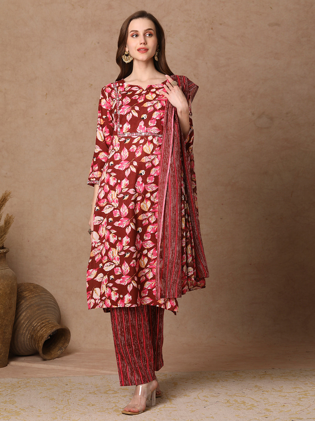 Ethnic Floral Printed Straight Fit Kurta with Pant & Dupatta - Brown