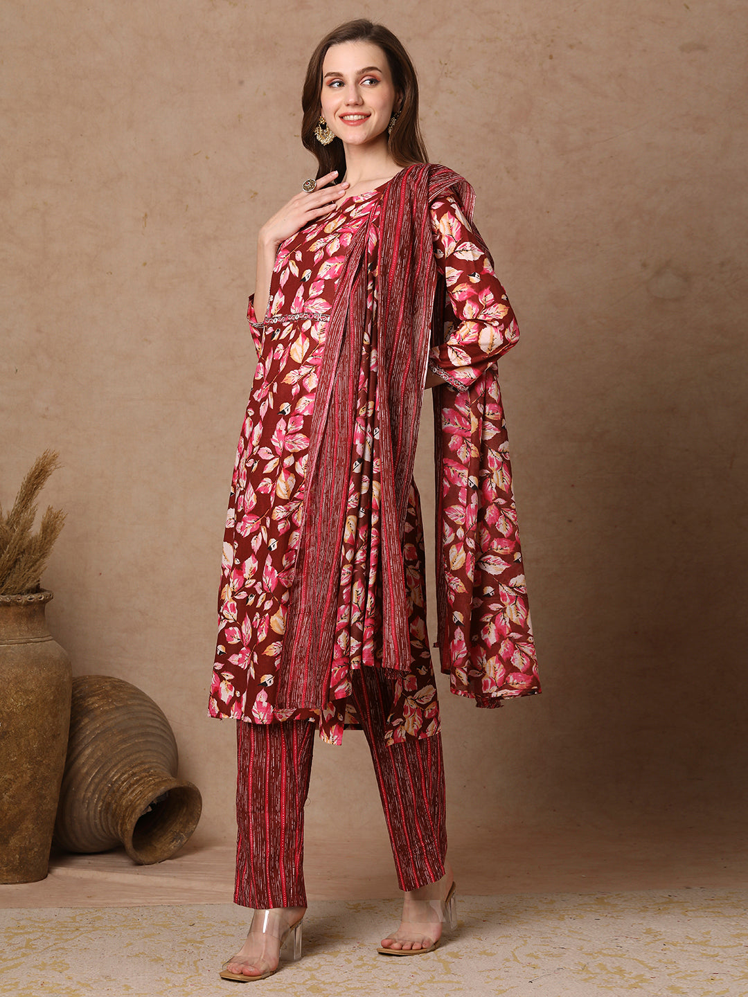 Ethnic Floral Printed Straight Fit Kurta with Pant & Dupatta - Brown