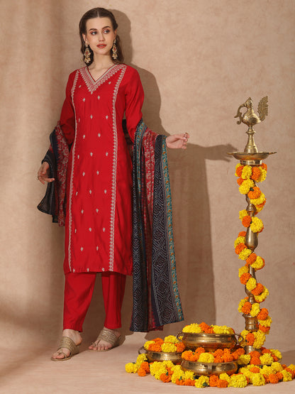 Solid Floral Embroidered Straight Kurta with Pant & Dupatta - Red