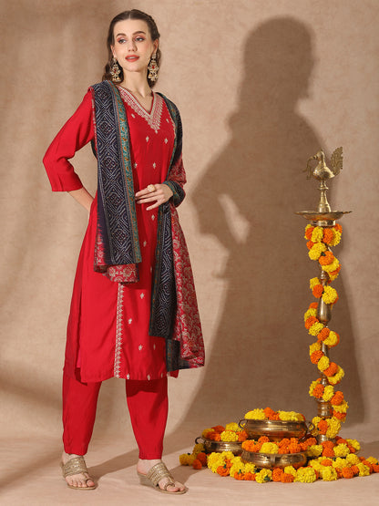 Solid Floral Embroidered Straight Kurta with Pant & Dupatta - Red