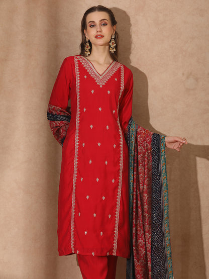 Solid Floral Embroidered Straight Kurta with Pant & Dupatta - Red