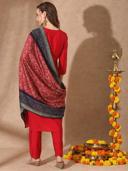 Solid Floral Embroidered Straight Kurta with Pant & Dupatta - Red