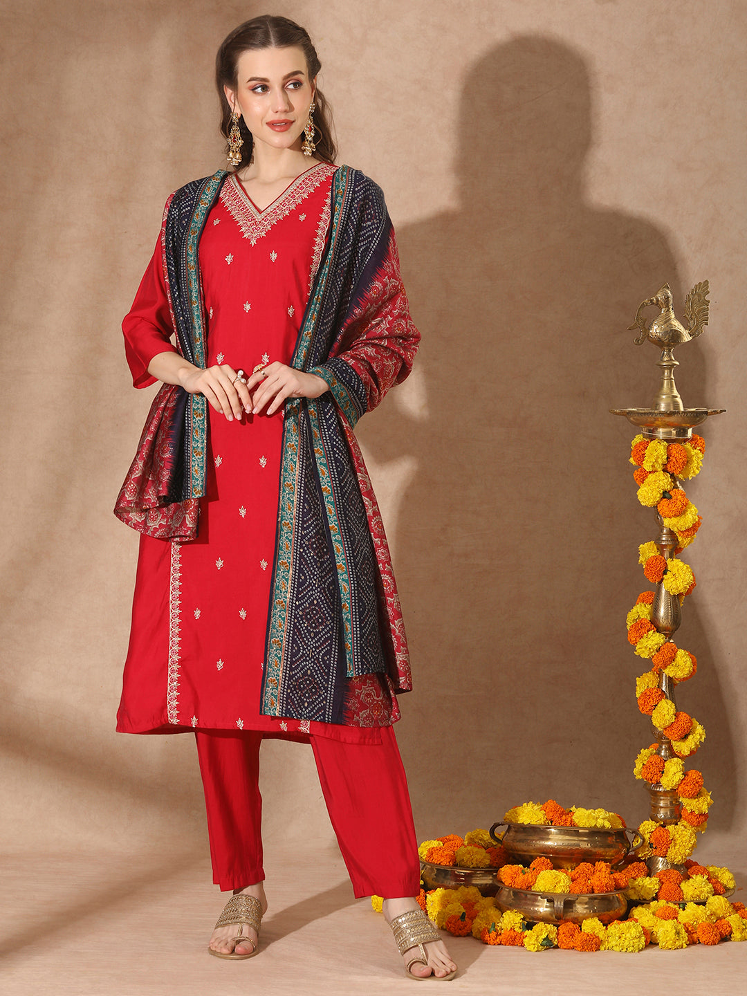 Solid Floral Embroidered Straight Kurta with Pant & Dupatta - Red