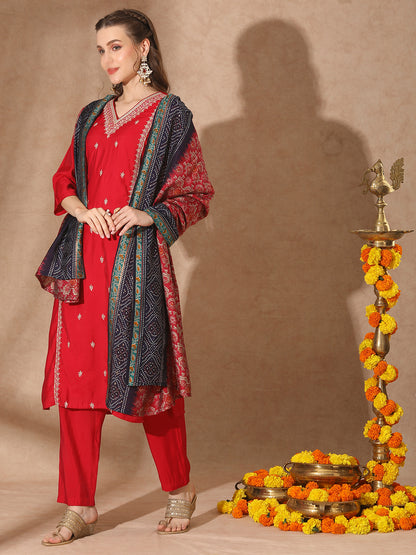 Solid Floral Embroidered Straight Kurta with Pant & Dupatta - Red