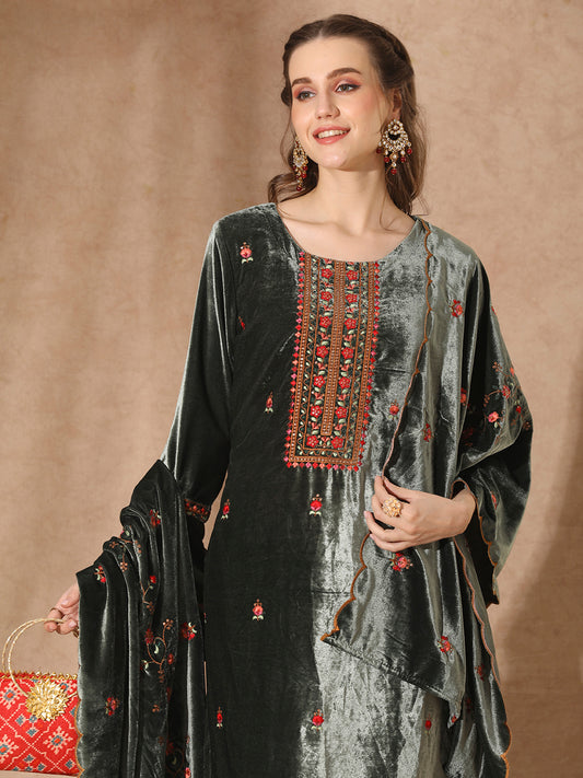 Solid Zari Embroidered Straight Velvet Kurta with Pant & Scalloped Dupatta - Green