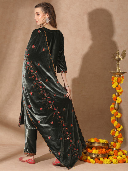 Solid Zari Embroidered Straight Velvet Kurta with Pant & Scalloped Dupatta - Green