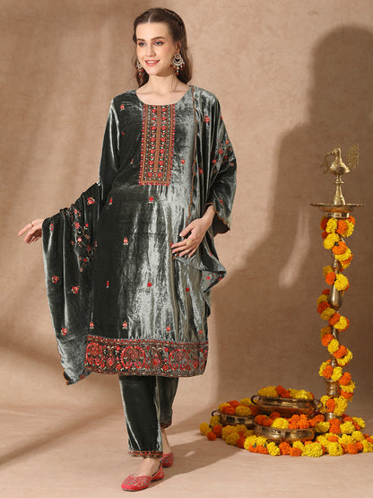 Solid Zari Embroidered Straight Velvet Kurta with Pant & Scalloped Dupatta - Green