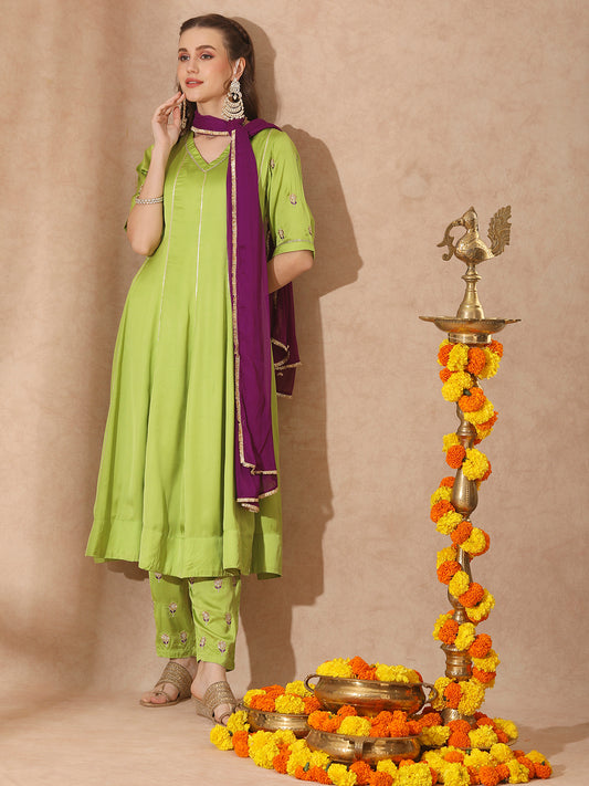 Solid Zari Embroidered Anarkali Kurta Set with Contrast Dupatta - Lime Green