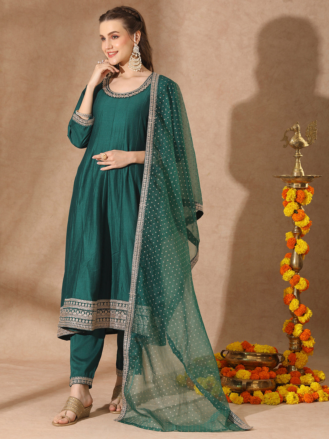 Solid Ethnic Embroidered Anarkali Flared Kurta with Pant & Dupatta - Green