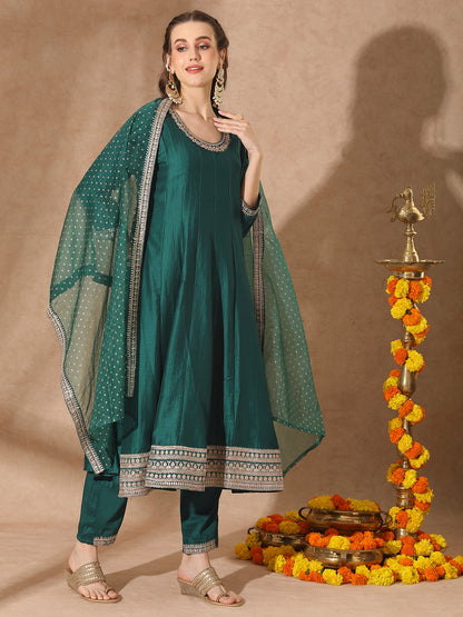 Solid Ethnic Embroidered Anarkali Flared Kurta with Pant & Dupatta - Green