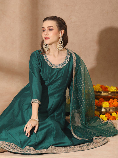 Solid Ethnic Embroidered Anarkali Flared Kurta with Pant & Dupatta - Green