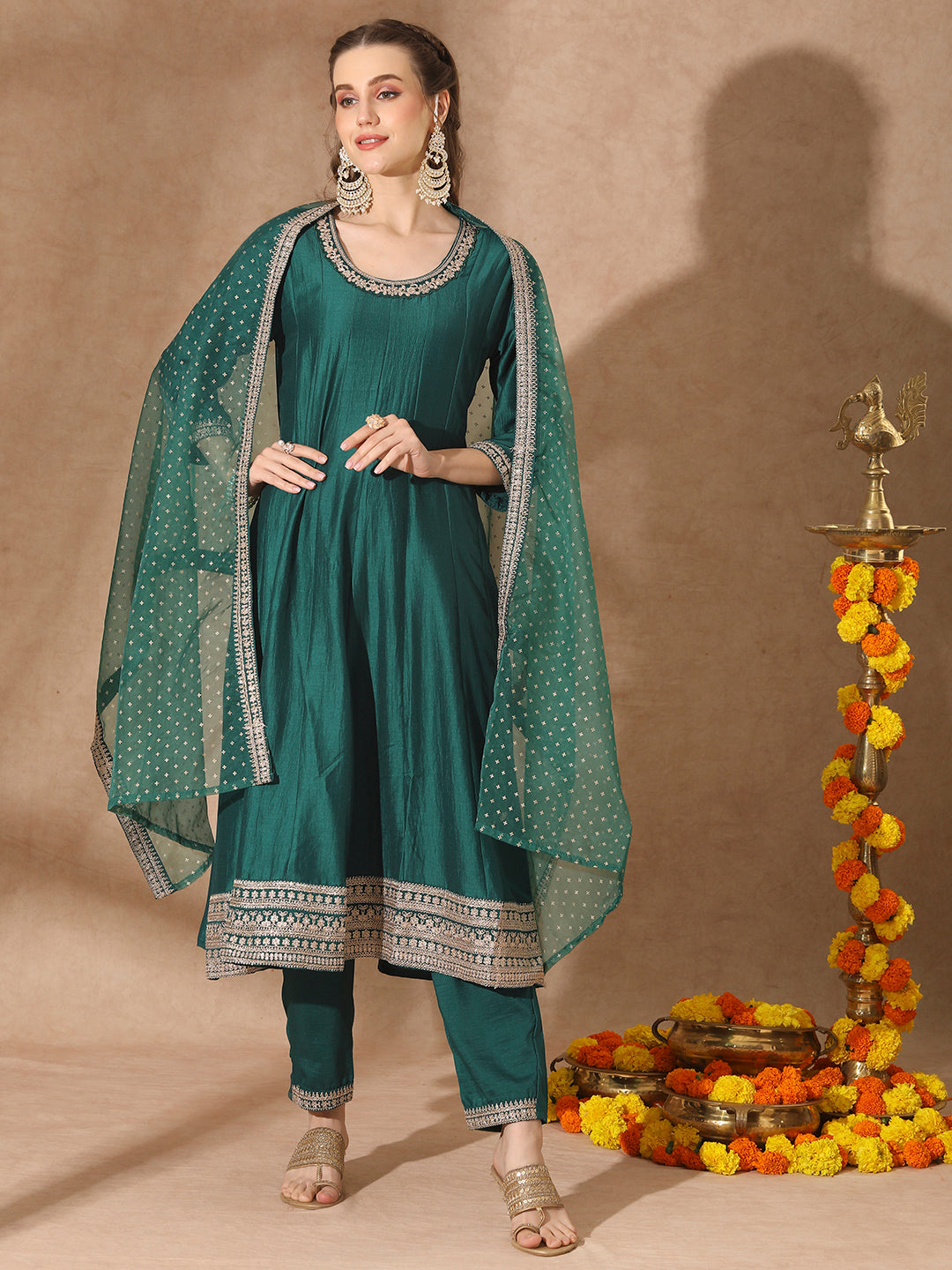 Solid Ethnic Embroidered Anarkali Flared Kurta with Pant & Dupatta - Green