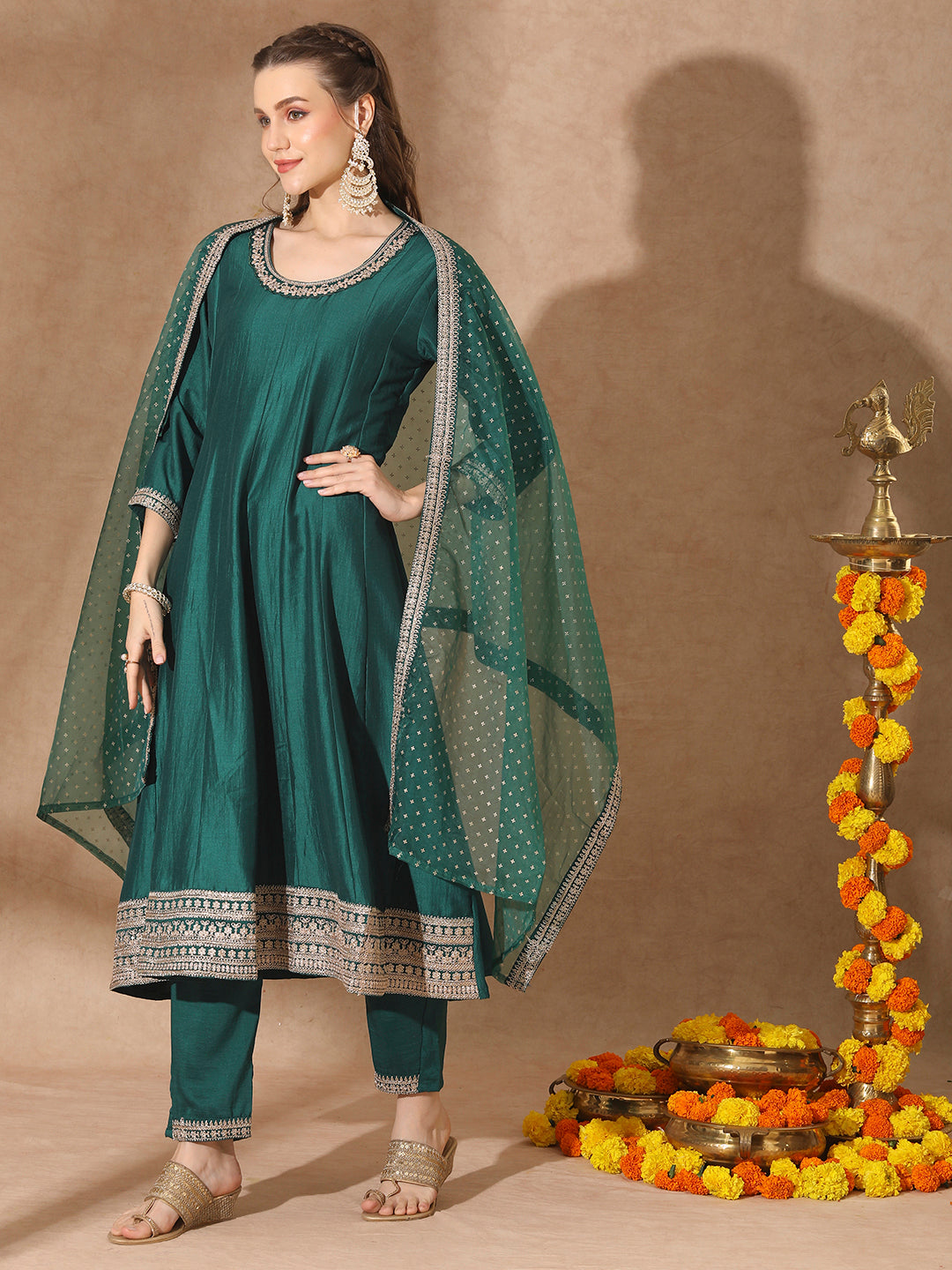 Solid Ethnic Embroidered Anarkali Flared Kurta with Pant & Dupatta - Green