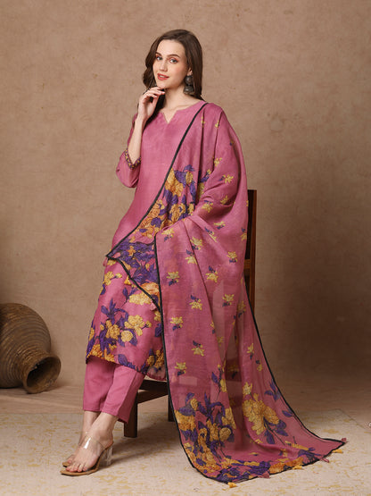 Floral Printed & Embroidered Straight Fit Kurta with Pant and Dupatta - Pink