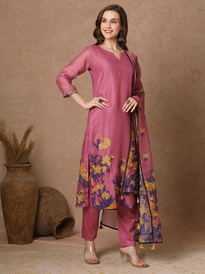 Floral Printed & Embroidered Straight Fit Kurta with Pant and Dupatta - Pink