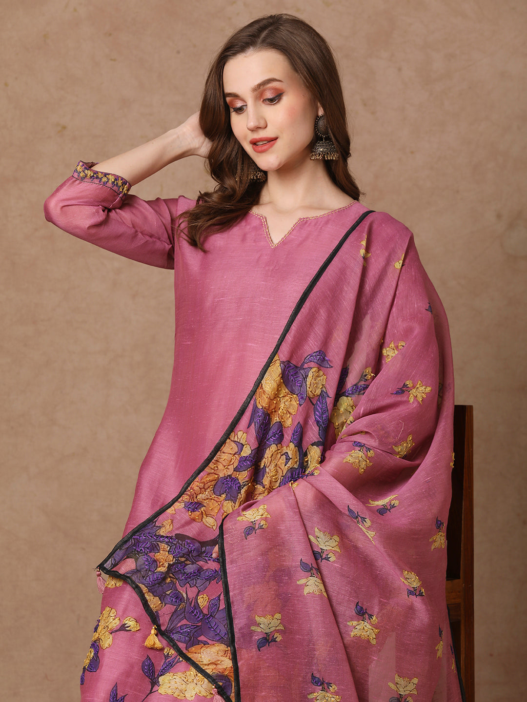 Floral Printed & Embroidered Straight Fit Kurta with Pant and Dupatta - Pink