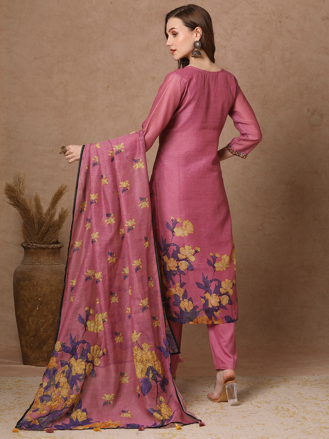 Floral Printed & Embroidered Straight Fit Kurta with Pant and Dupatta - Pink