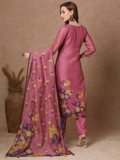 Floral Printed & Embroidered Straight Fit Kurta with Pant and Dupatta - Pink