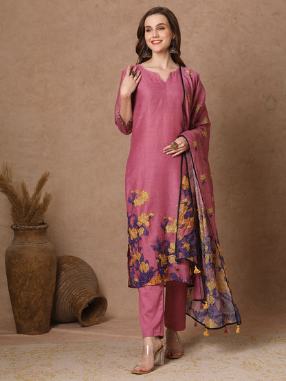 Floral Printed & Embroidered Straight Fit Kurta with Pant and Dupatta - Pink