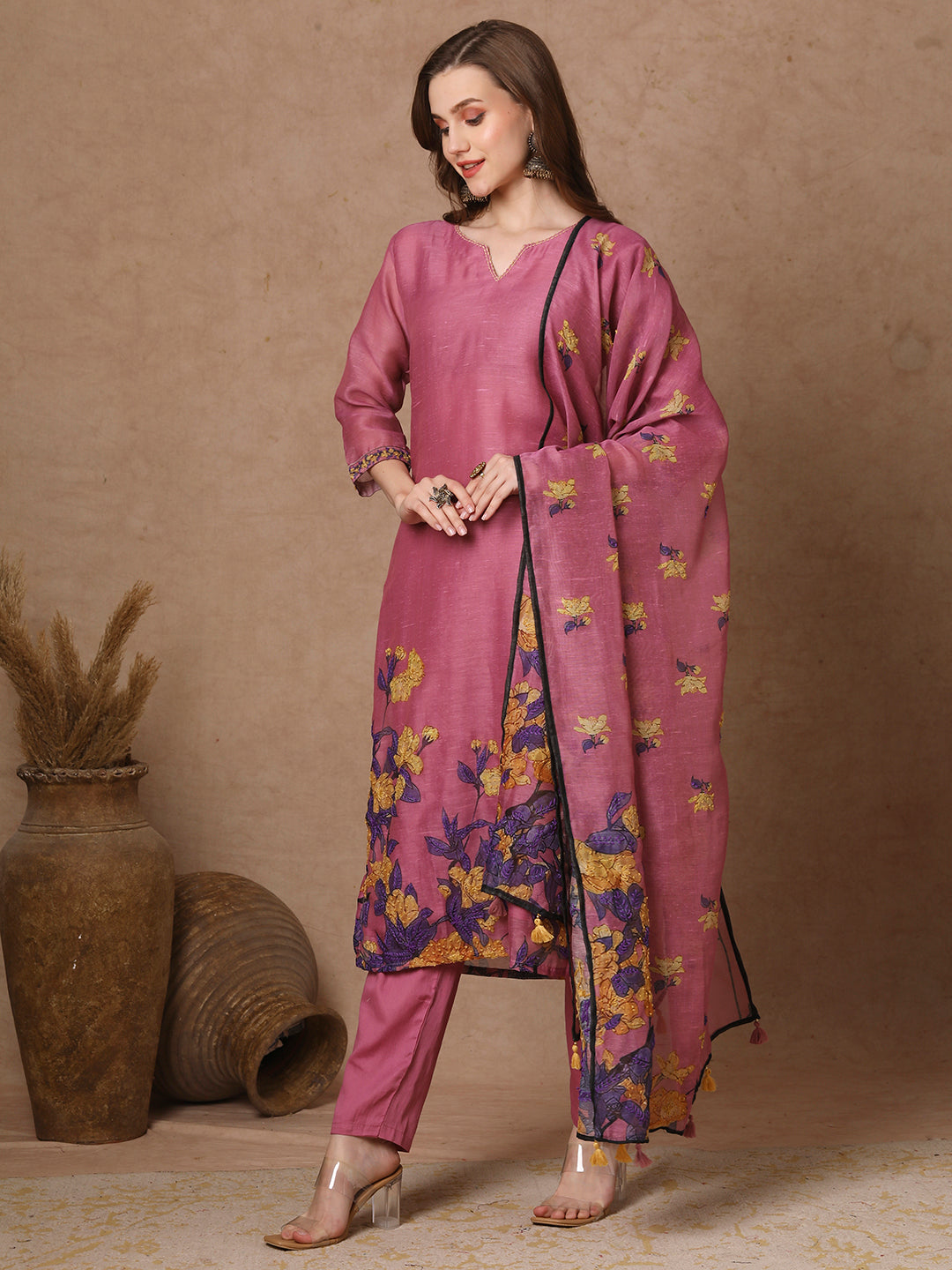 Floral Printed & Embroidered Straight Fit Kurta with Pant and Dupatta - Pink