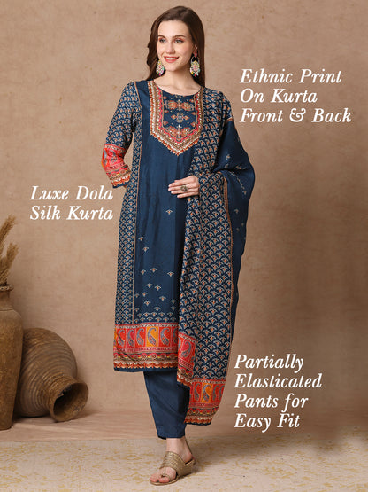 Ethnic Printed & Embroidered Straight Kurta with Pant & Dupatta - Teal Blue