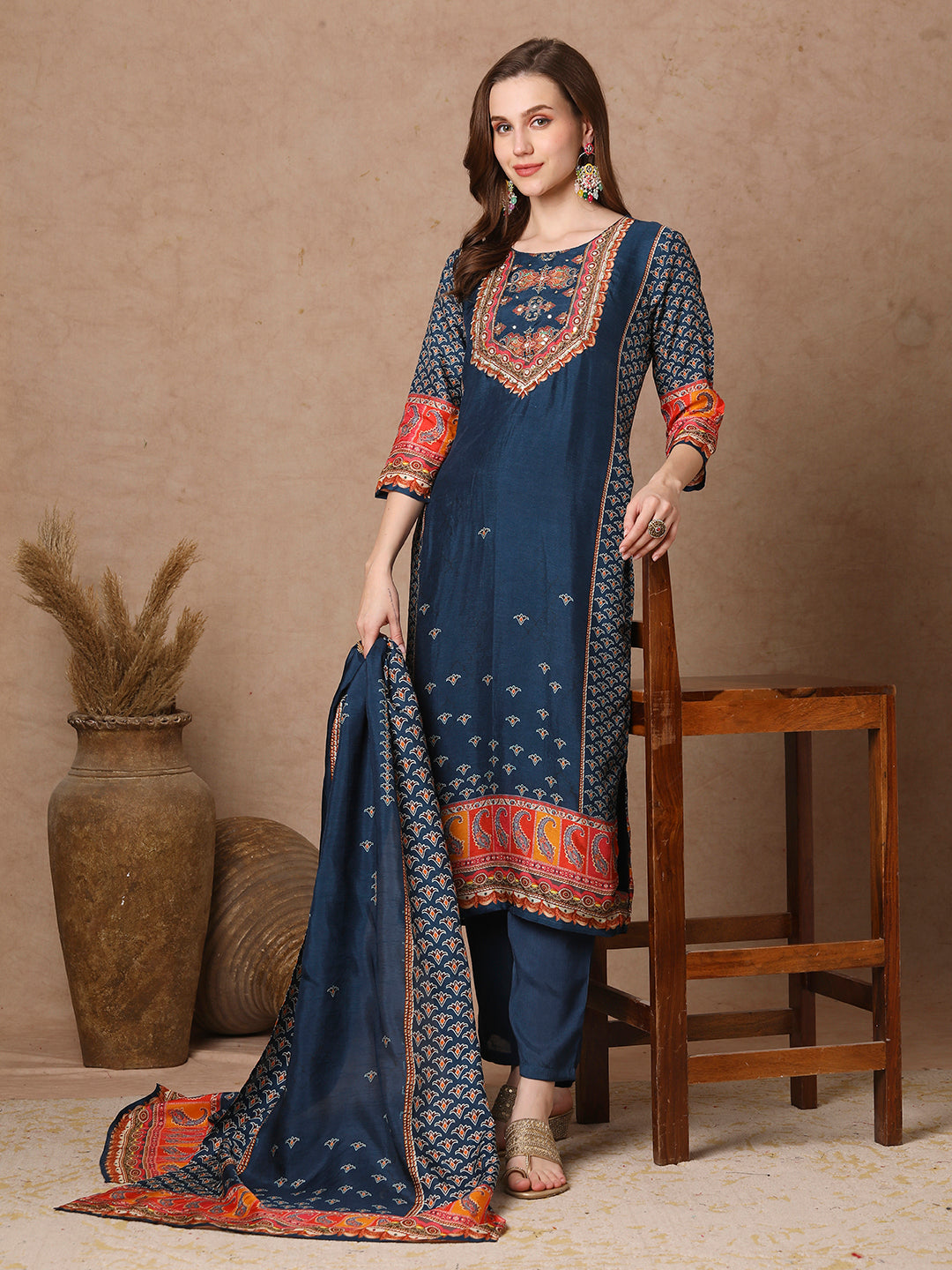 Ethnic Printed & Embroidered Straight Kurta with Pant & Dupatta - Teal Blue