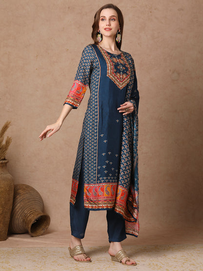 Ethnic Printed & Embroidered Straight Kurta with Pant & Dupatta - Teal Blue