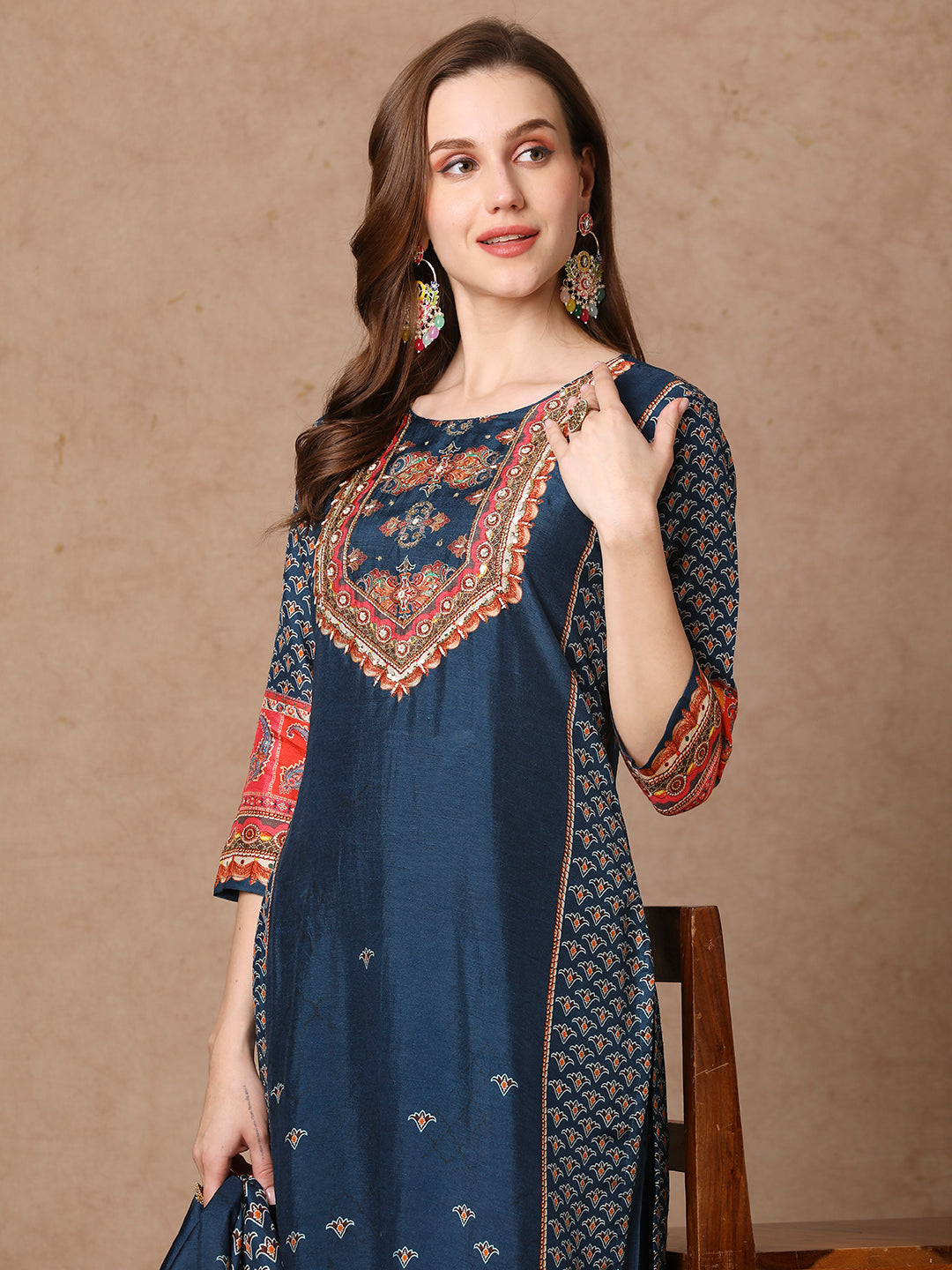 Ethnic Printed & Embroidered Straight Kurta with Pant & Dupatta - Teal Blue