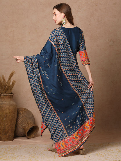 Ethnic Printed & Embroidered Straight Kurta with Pant & Dupatta - Teal Blue