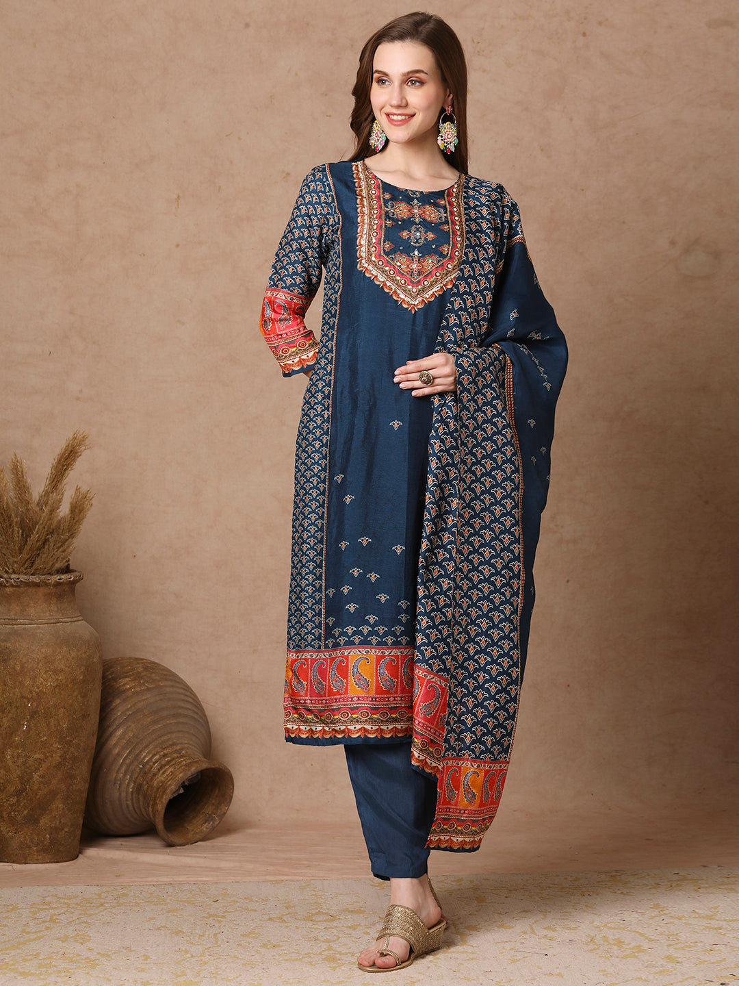 Ethnic Printed & Embroidered Straight Kurta with Pant & Dupatta - Teal Blue