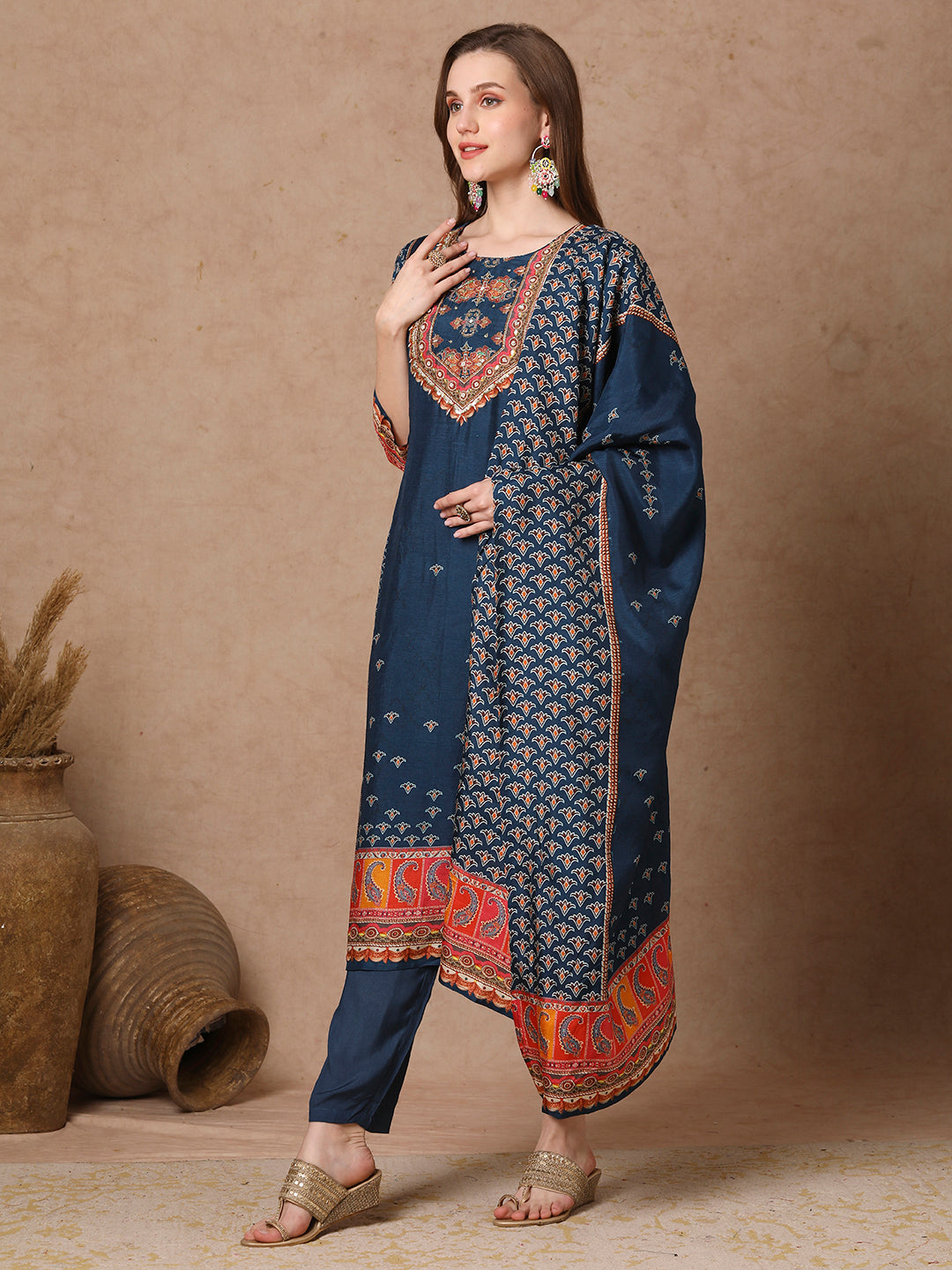 Ethnic Printed & Embroidered Straight Kurta with Pant & Dupatta - Teal Blue