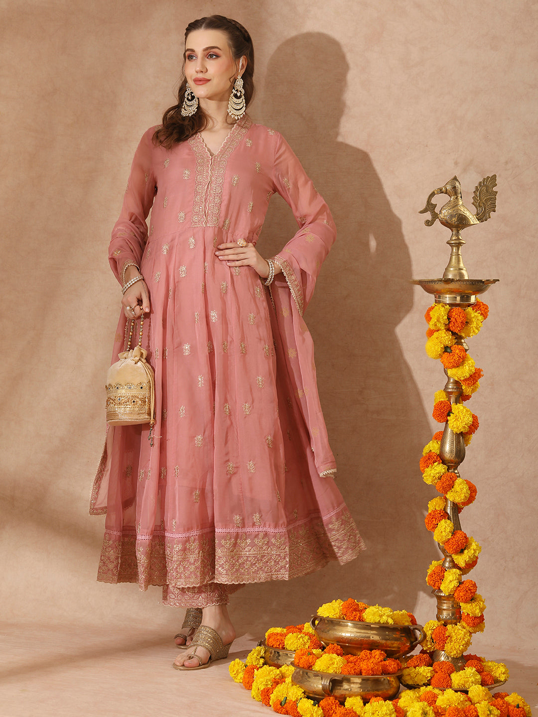 Solid Ethnic Embroidered Anarkali Flared Kurta with Pant and Dupatta - Baby Pink