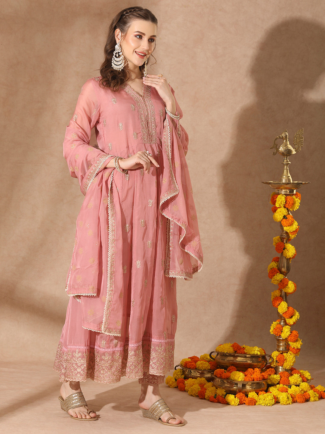 Solid Ethnic Embroidered Anarkali Flared Kurta with Pant and Dupatta - Baby Pink