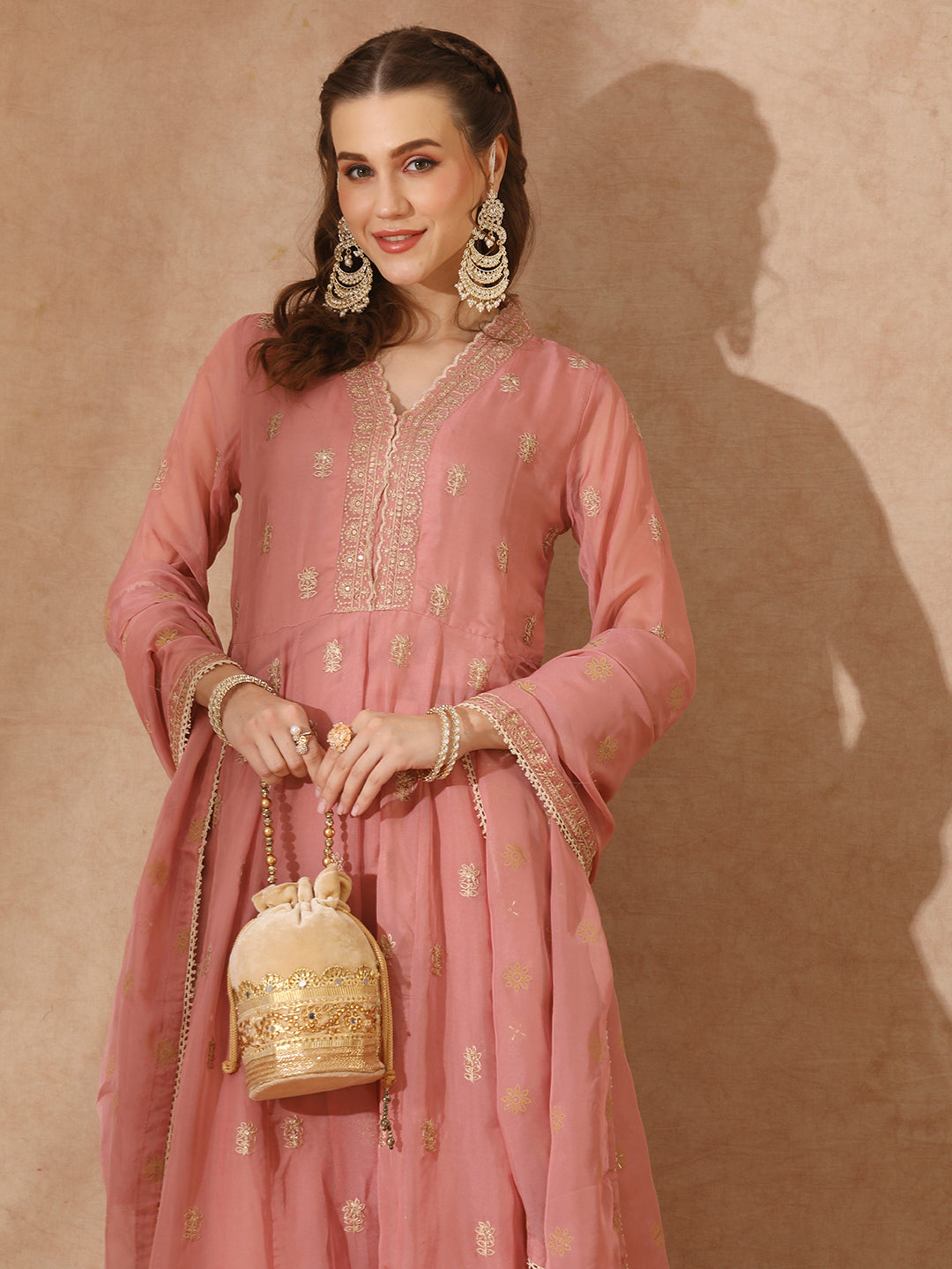 Solid Ethnic Embroidered Anarkali Flared Kurta with Pant and Dupatta - Baby Pink