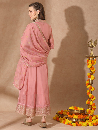 Solid Ethnic Embroidered Anarkali Flared Kurta with Pant and Dupatta - Baby Pink