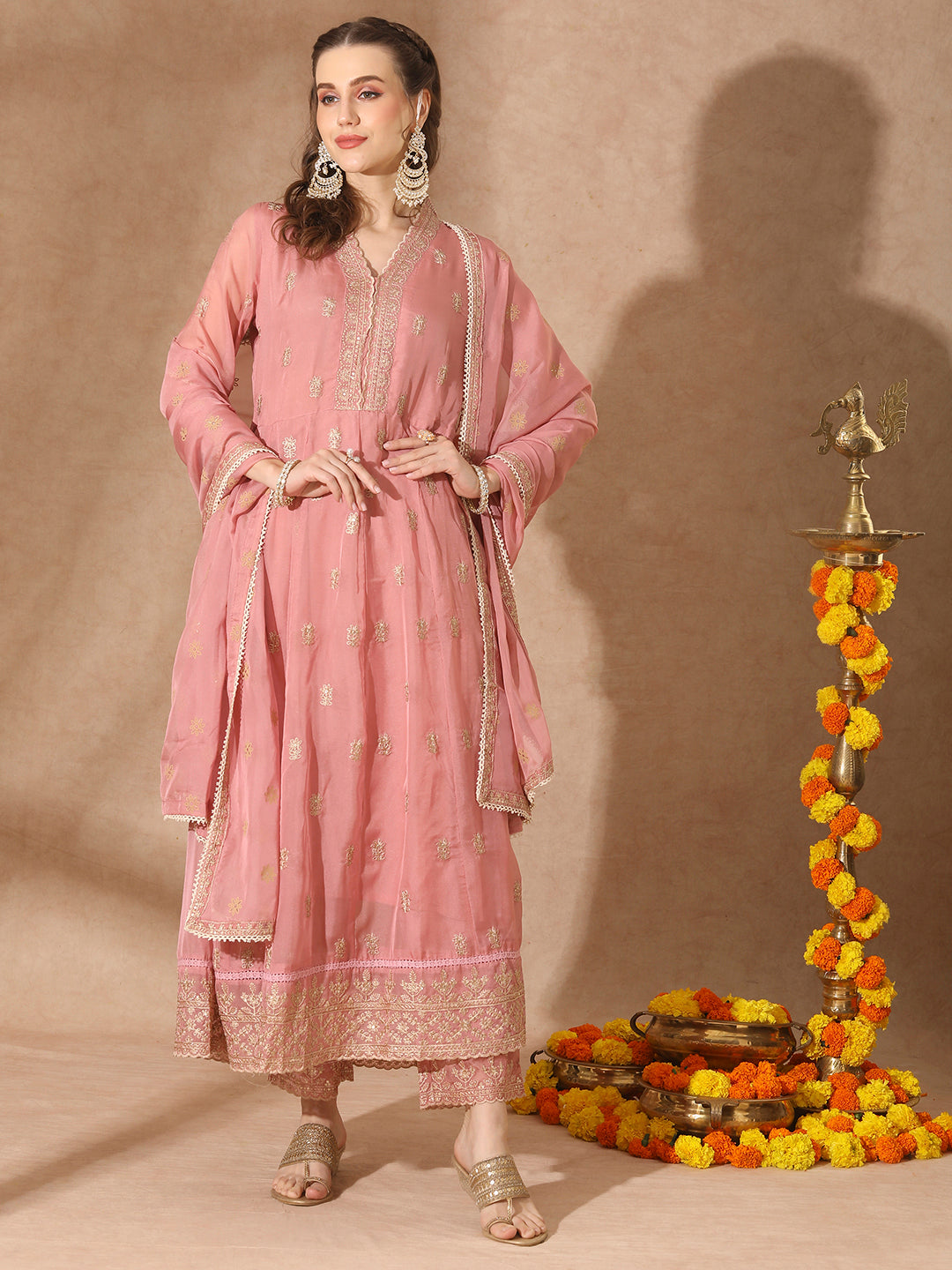 Solid Ethnic Embroidered Anarkali Flared Kurta with Pant and Dupatta - Baby Pink